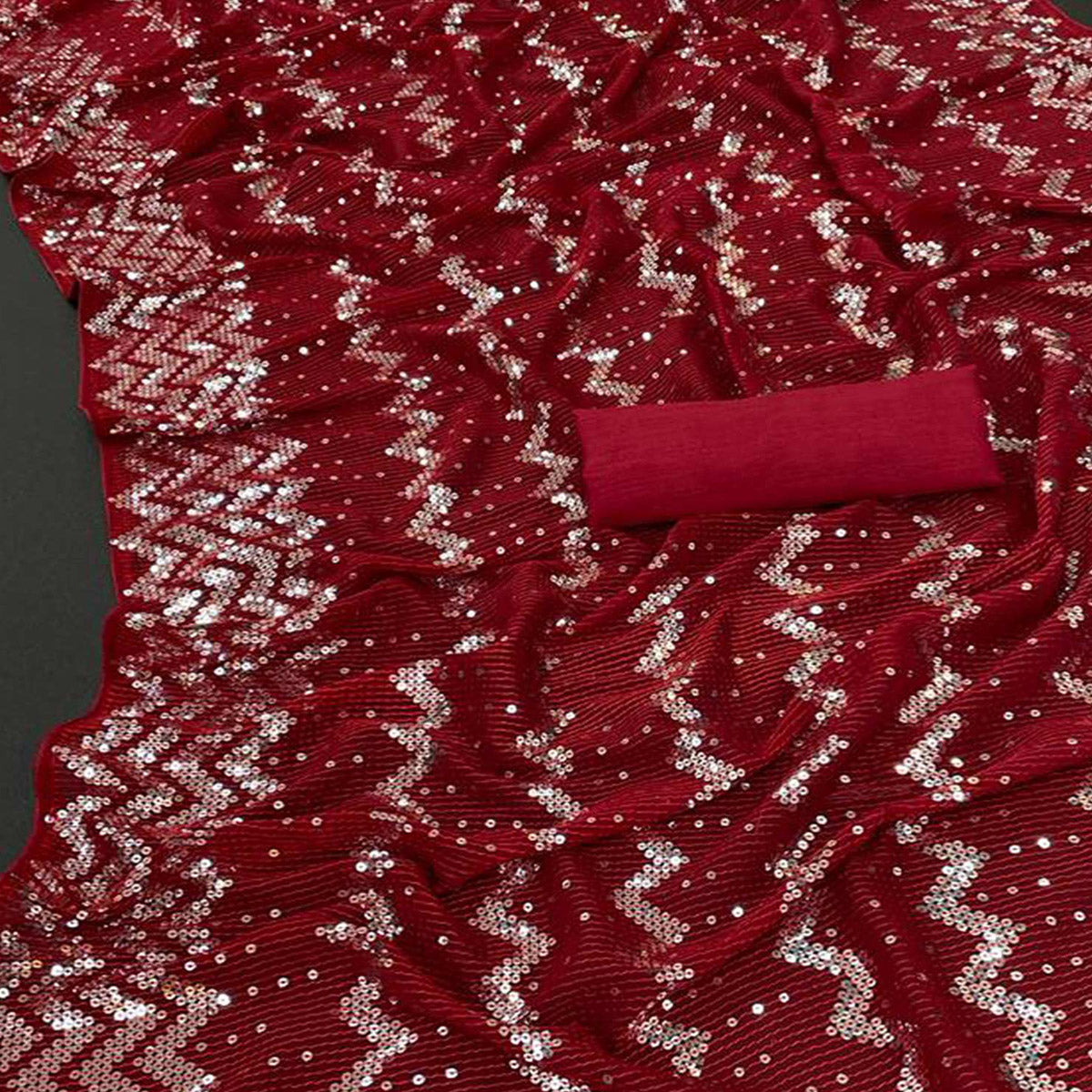 Cherry Red Sequins Embroidered Georgette Saree