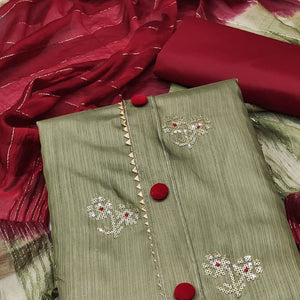 Mehendi Green Floral Sequins Embroidered Art Silk Dress Material