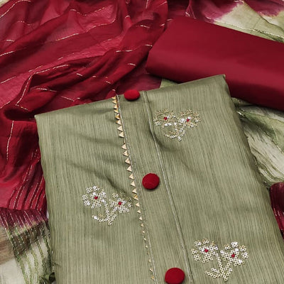 Mehendi Green Floral Sequins Embroidered Art Silk Dress Material