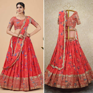 Coral Red Floral Printed And Sequins Work Georgette Lehenga Choli