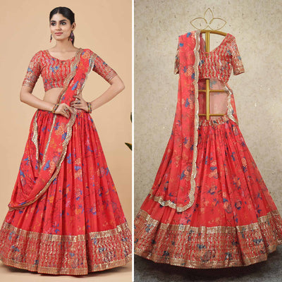 Coral Red Floral Printed And Sequins Work Georgette Lehenga Choli