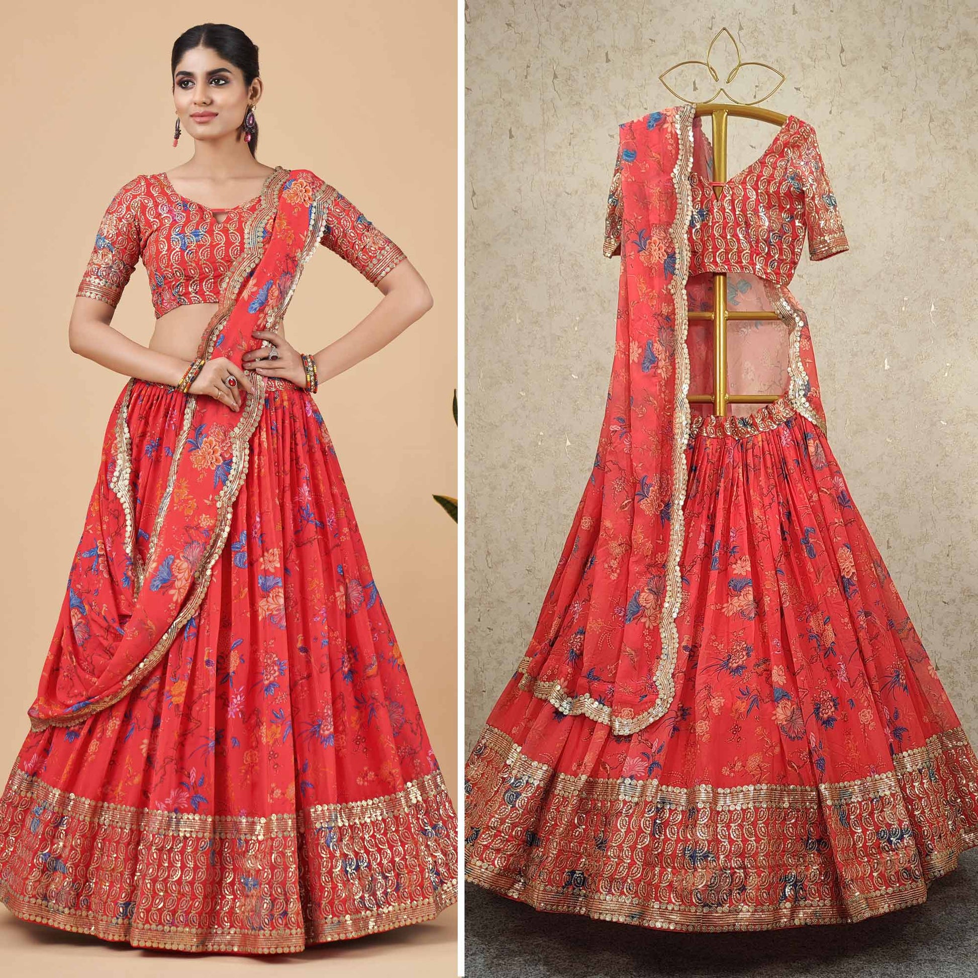 Coral Red Floral Printed And Sequins Work Georgette Lehenga Choli
