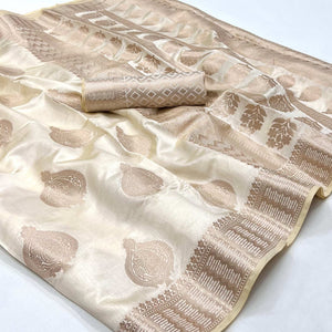 Cream Woven Raw Silk Saree
