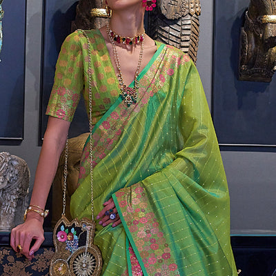 Mint Green Woven With Sequins Work Organza Saree