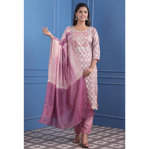 Mauve Floral Printed With Embroidered Rayon Suit