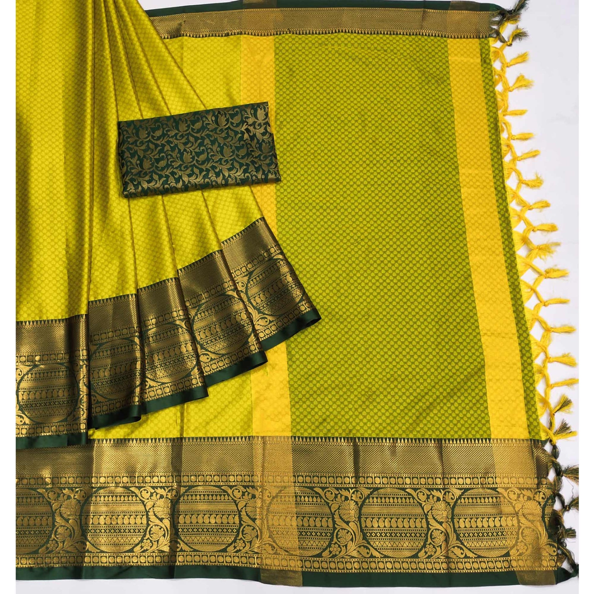 Lemon Green Woven Cotton Silk Saree With Tassels