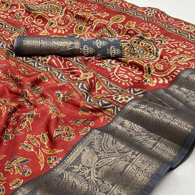 Maroon Blue Printed With Woven Border Dola Silk Saree