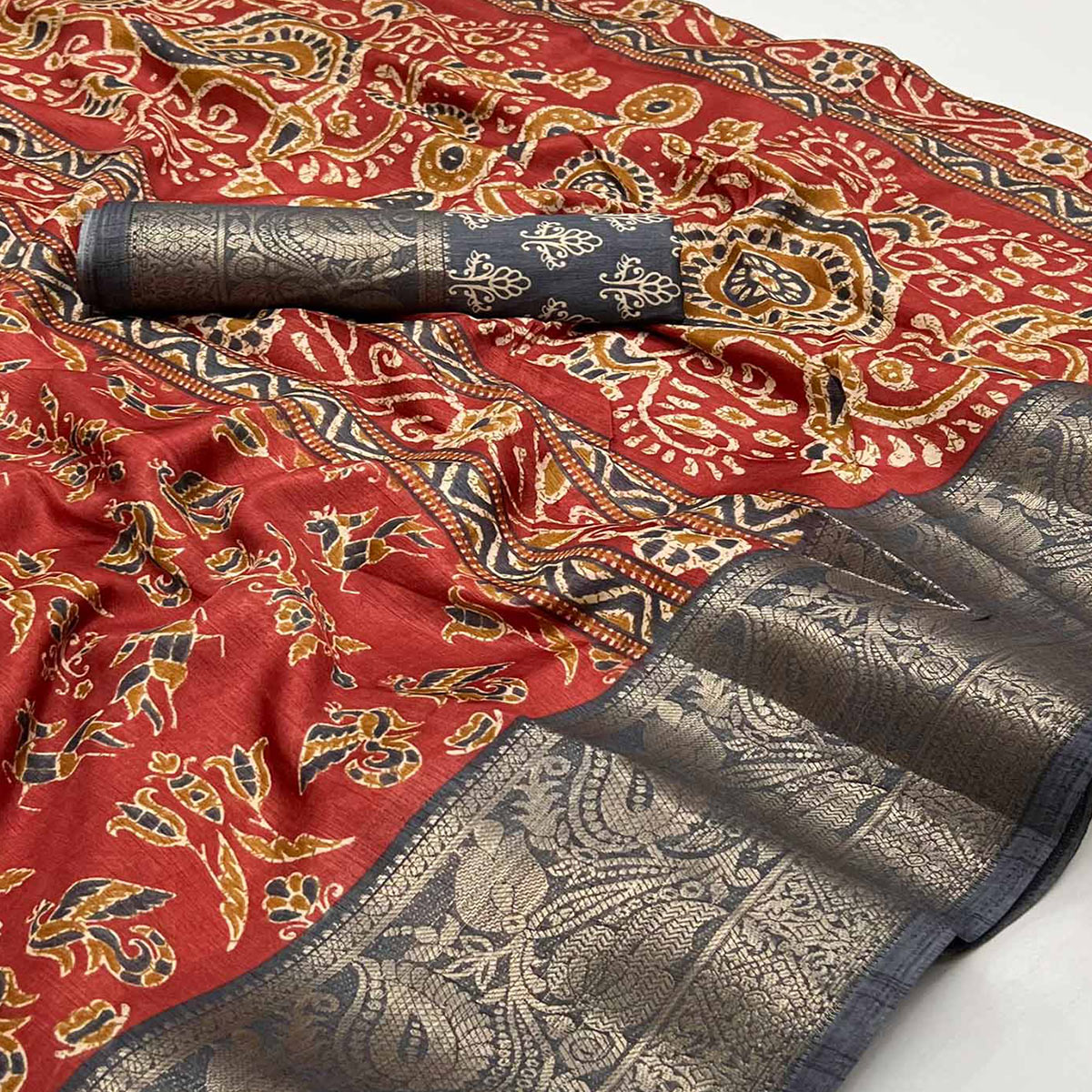 Maroon Blue Printed With Woven Border Dola Silk Saree