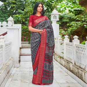 Grey Printed With Woven Border Raw Silk Saree