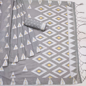 Grey Woven Cotton Saree With Tassels