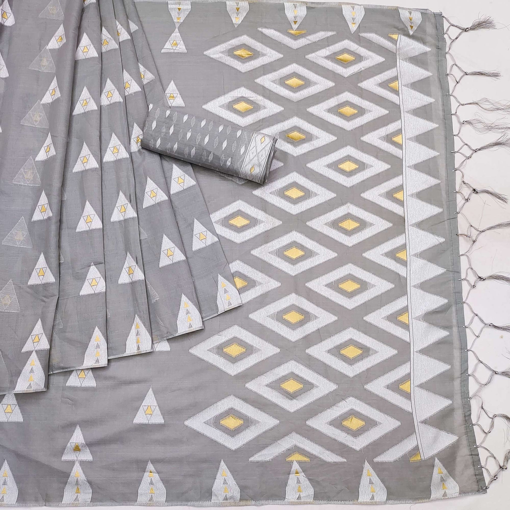 Grey Woven Cotton Saree With Tassels