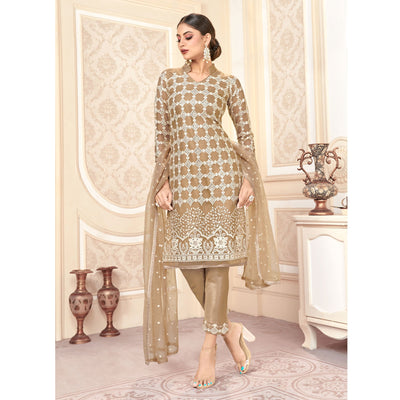 Brown Sequins Embroidered Net Semi Stitched Suit