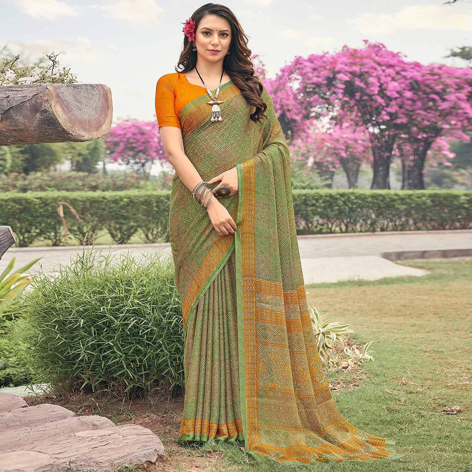 green-orange-printed-chiffon-saree