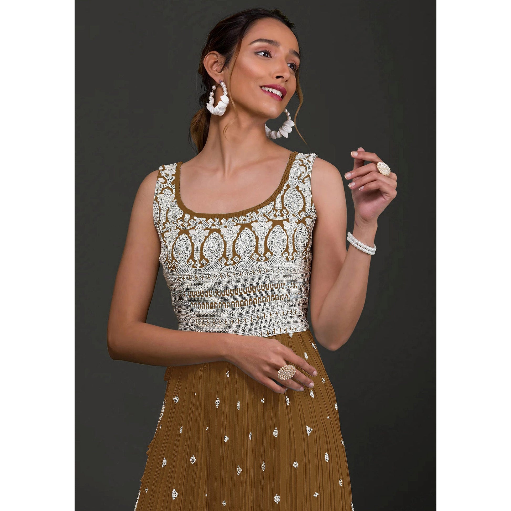 Brown Embroidered Georgette Naira Cut Semi Stitched Palazzo Suit