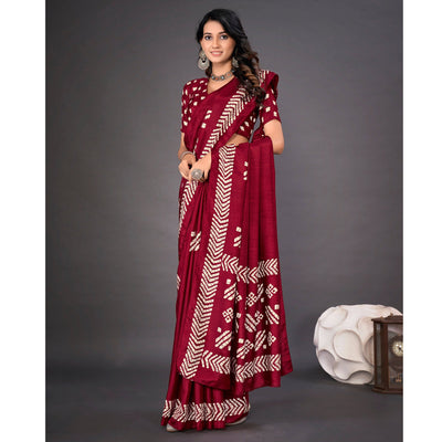 Maroon Printed Dola Silk Saree