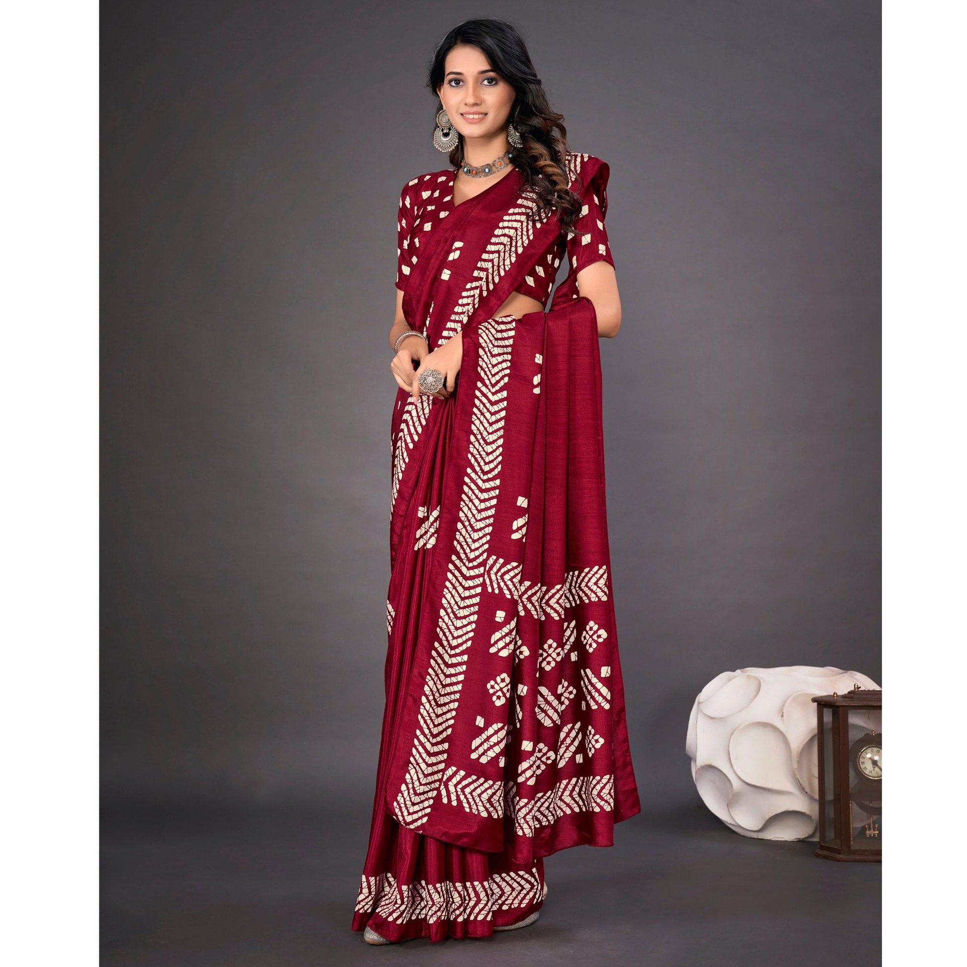 Maroon Printed Dola Silk Saree