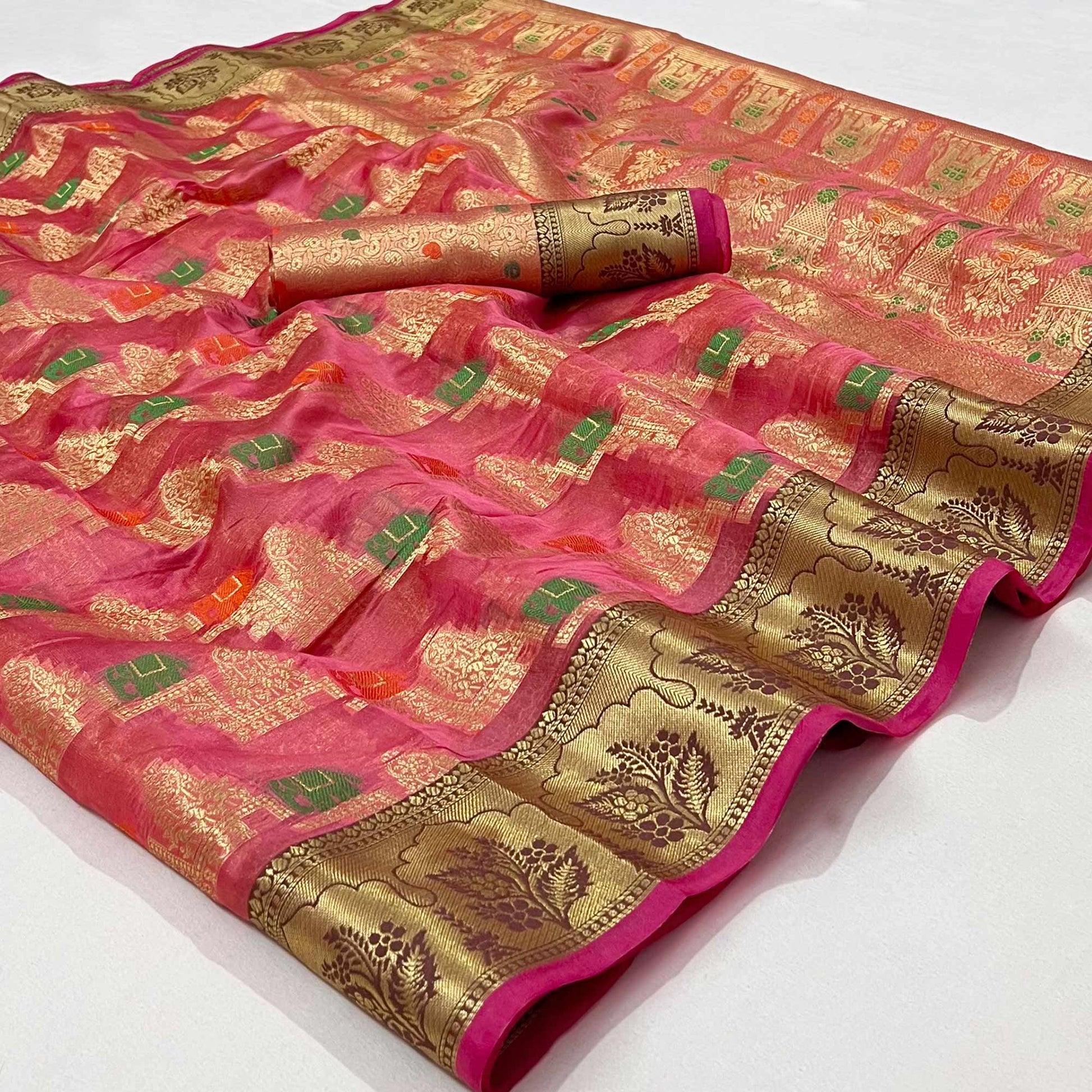 Gajari Pink Woven Organza Saree