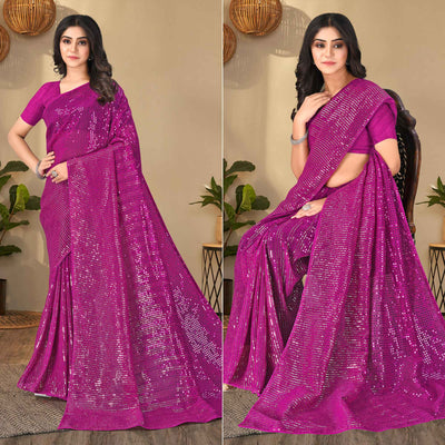 Magenta Pink Sequins Embroidered Georgette Saree