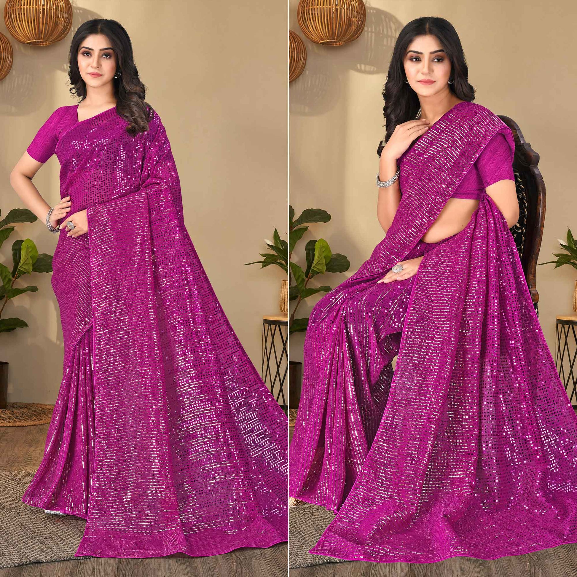 Magenta Pink Sequins Embroidered Georgette Saree