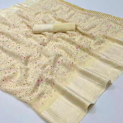 Cream Printed Georgette Saree With Tassels