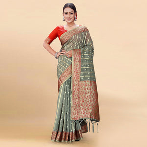Grey Woven Organza Saree With Tassels