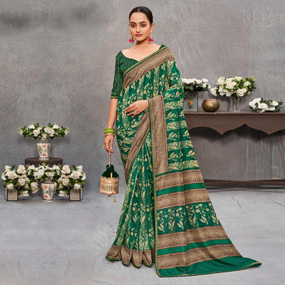 green-floral-printed-tussar-silk-saree