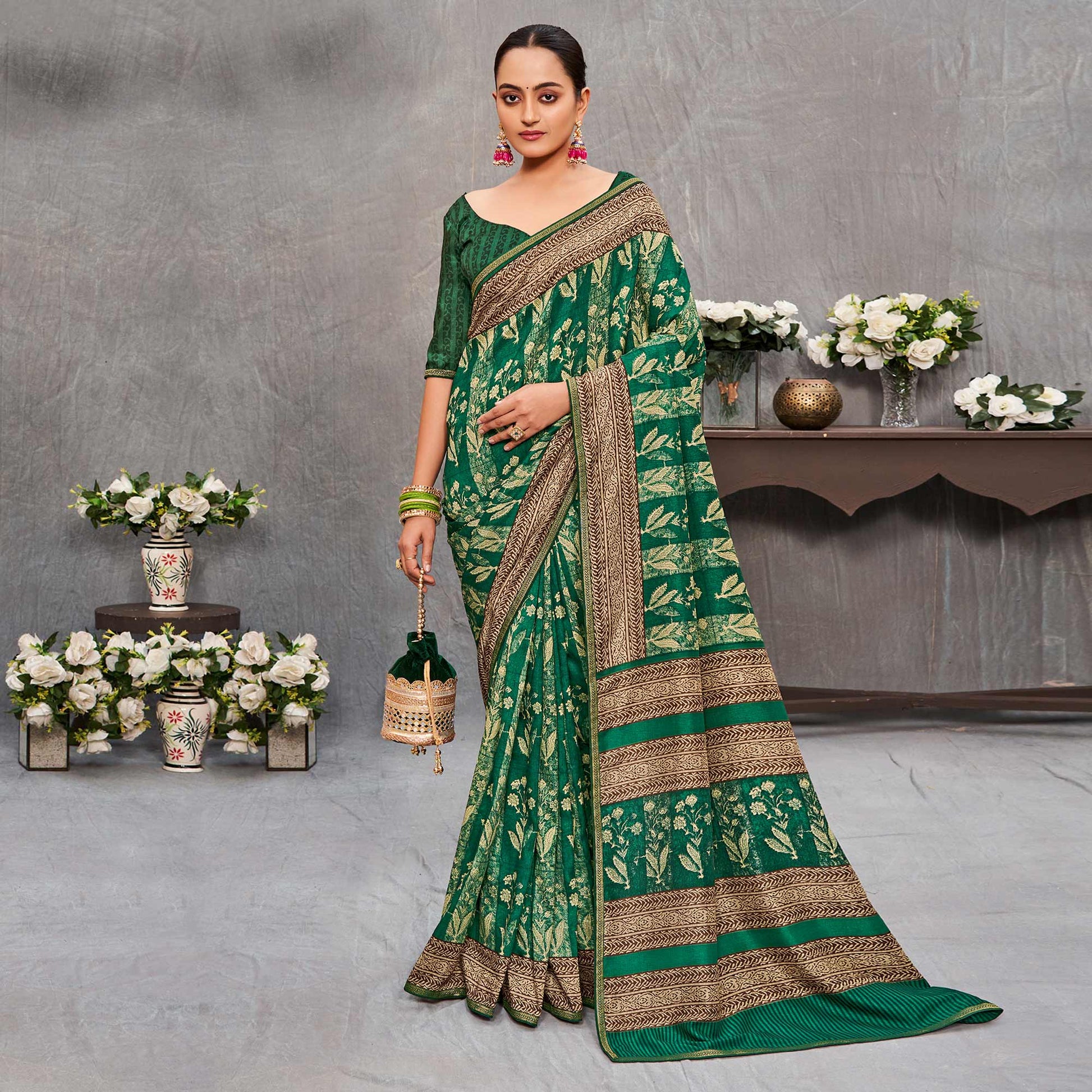 green-floral-printed-tussar-silk-saree