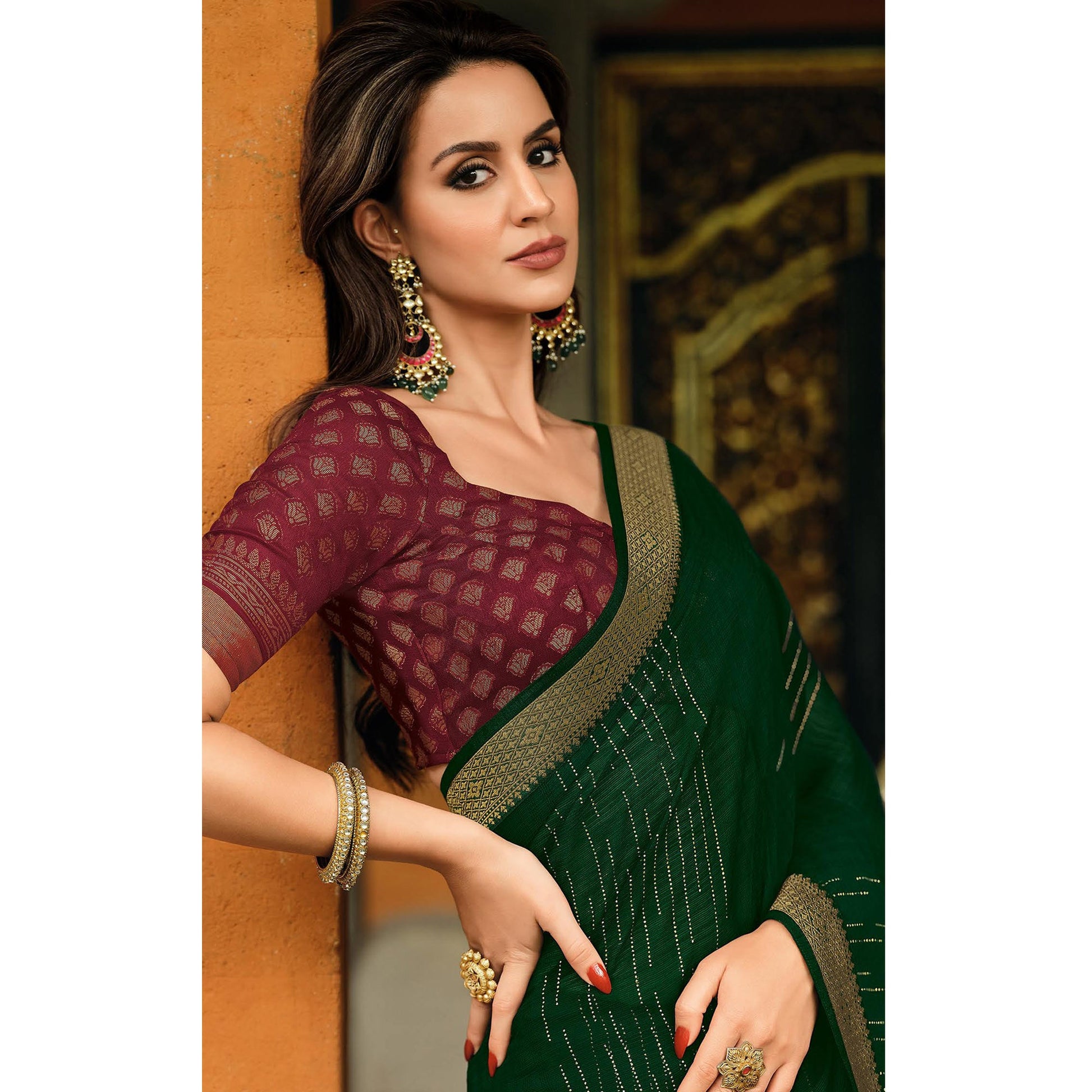 Bottle Green Foil Printed Chiffon Saree