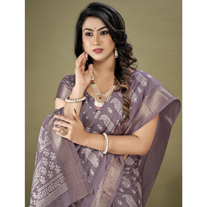 Mauve Floral Printed Dola Silk Saree