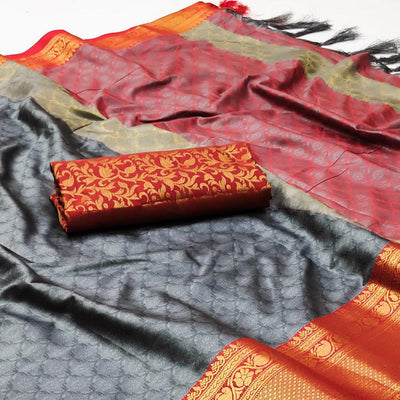 Grey Printed And Woven Cotton Silk Saree With Tassels