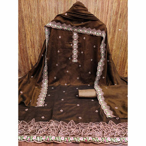 Brown Floral Embroidered Vichitra Silk Dress Material