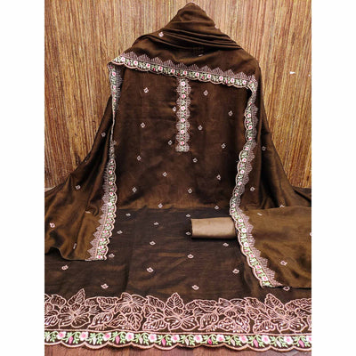 Brown Floral Embroidered Vichitra Silk Dress Material