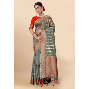 Grey Woven Organza Saree With Tassels