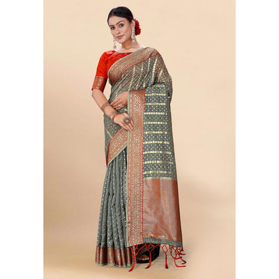 Grey Woven Organza Saree With Tassels