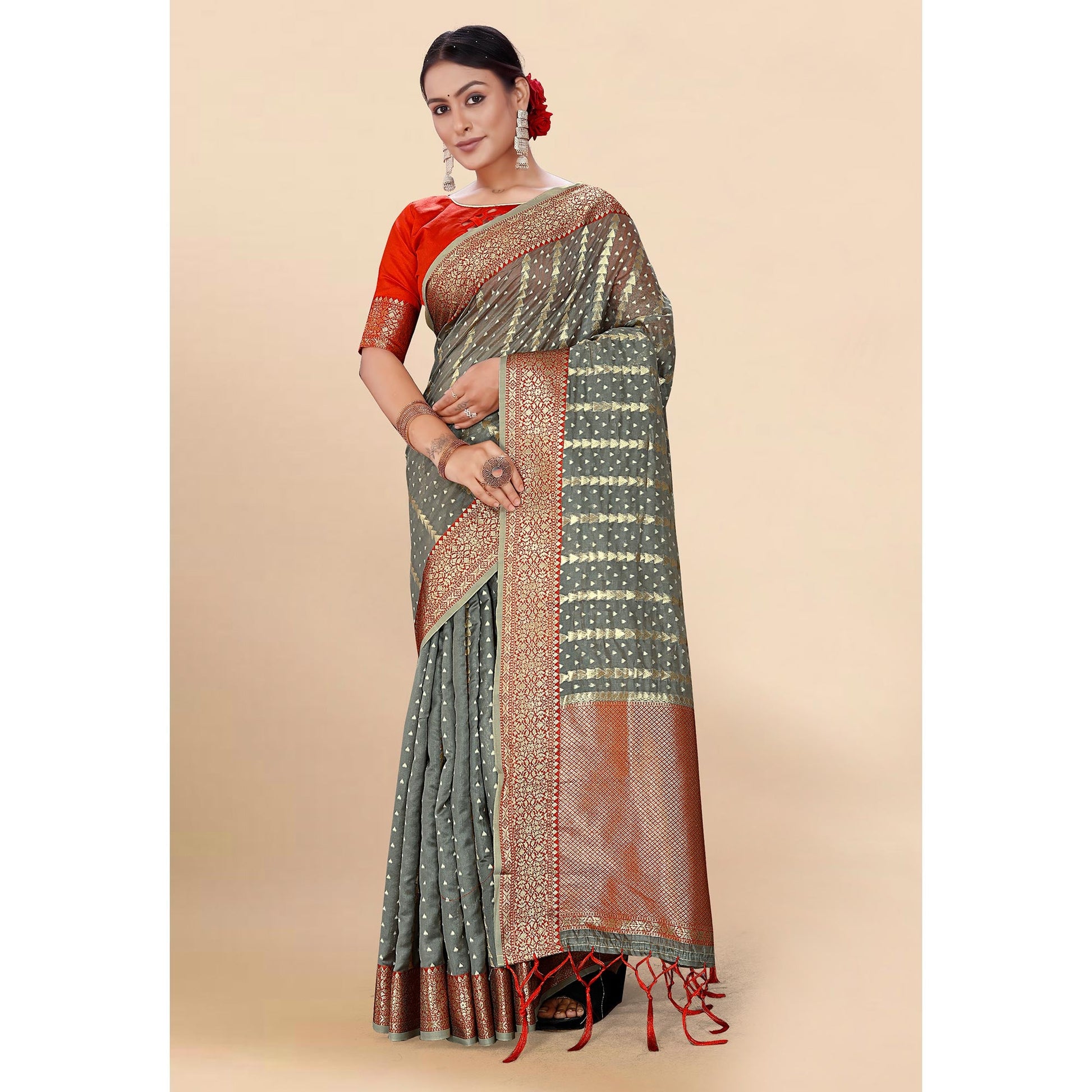 Grey Woven Organza Saree With Tassels