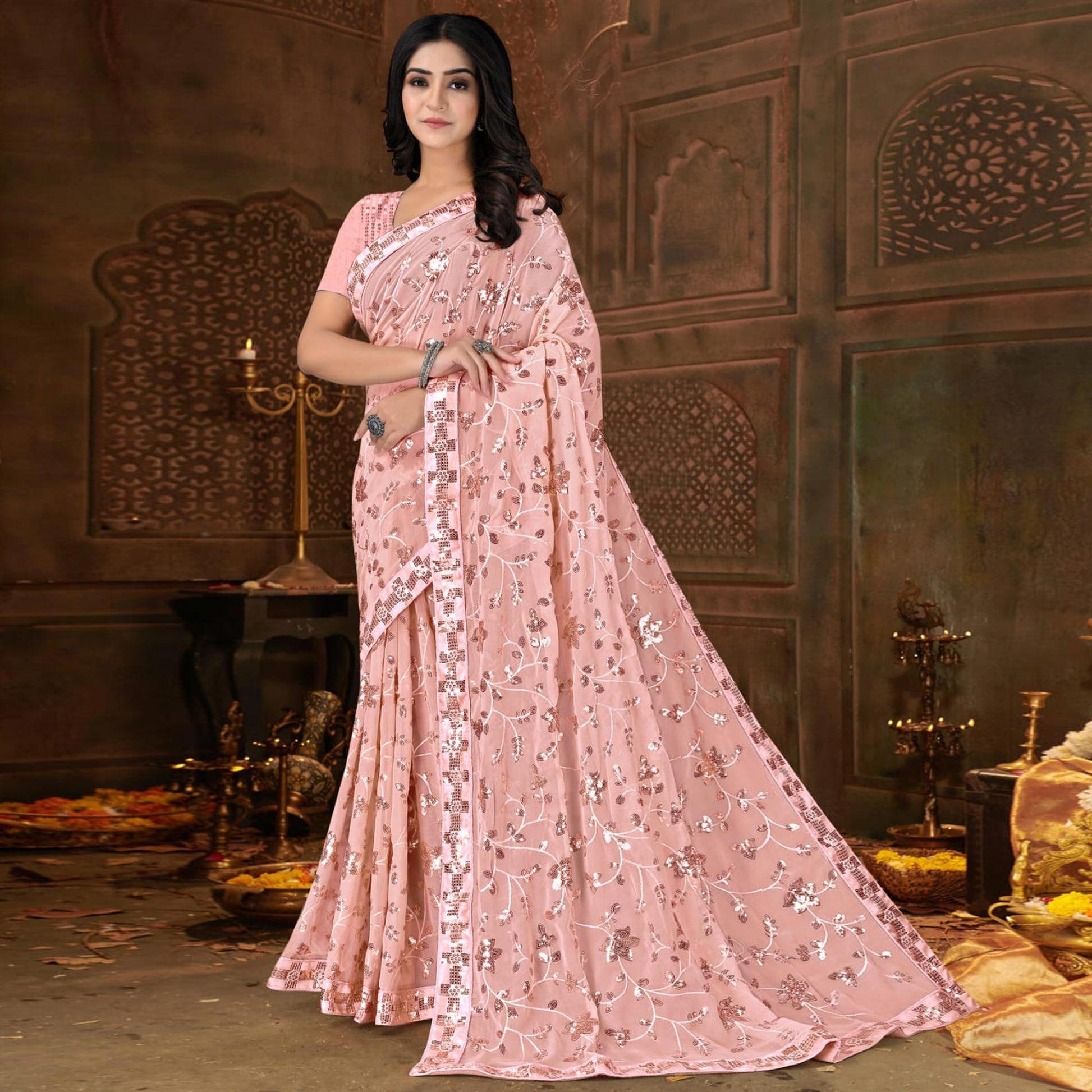 Light Peach Sequins Emroidered Georgette Saree