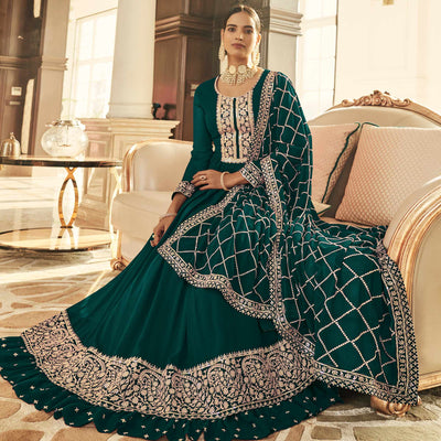 Bottle Green Embroidered Georgette Gown