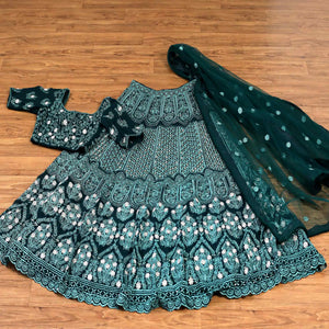 Bottle Green Sequins Embroidered Georgette Lehenga Choli