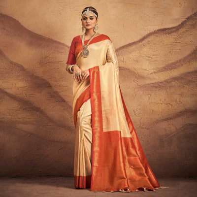 Cream Woven Art Silk Saree With Tassels