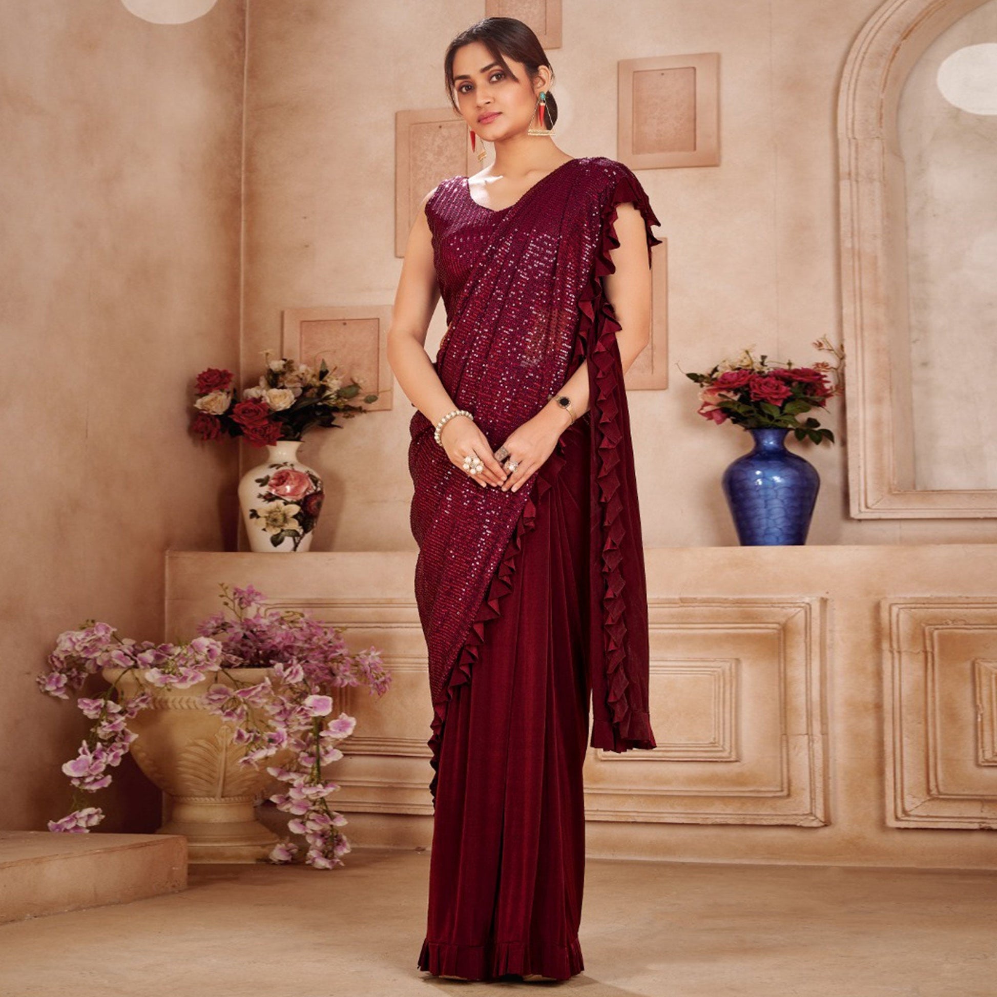 Maroon Sequins Embroidered Ready to Wear Lycra And Netted Saree