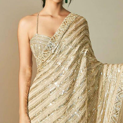 Cream Sequins Embroidered Georgette Saree