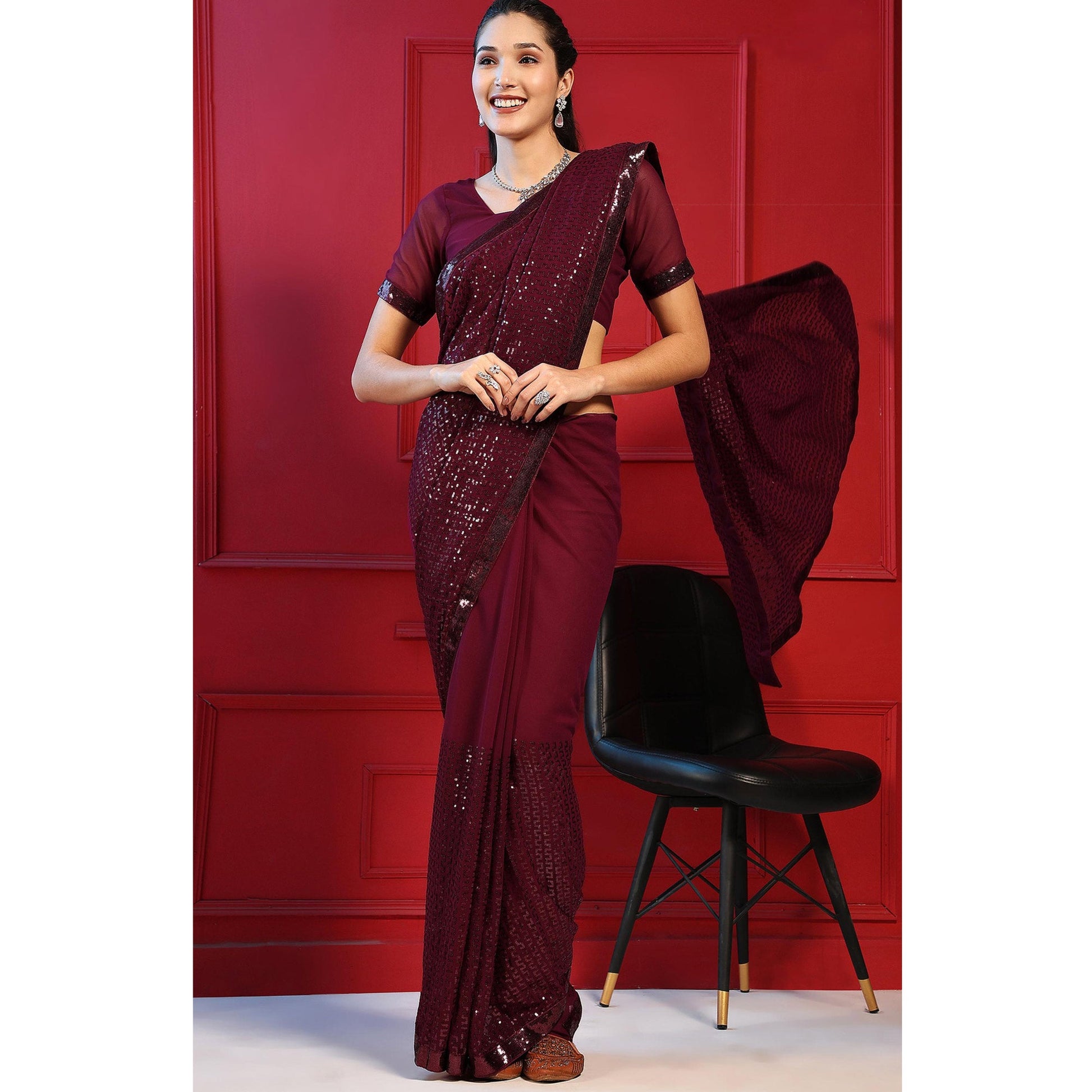 Maroon Sequins Embroidered Georgette Saree