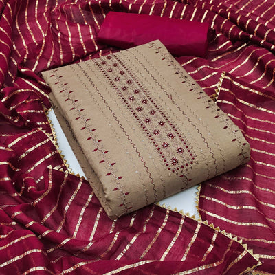 Chikoo Sequins Embroidered Cotton Blend Dress Material