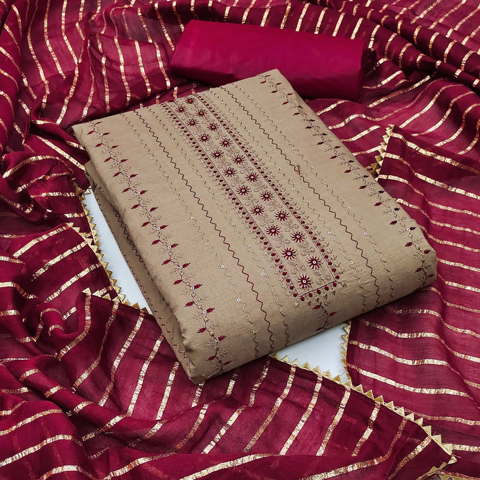 Chikoo Sequins Embroidered Cotton Blend Dress Material