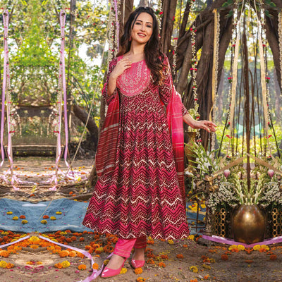 Maroon Pink Printed Rayon Naira Cut Suit
