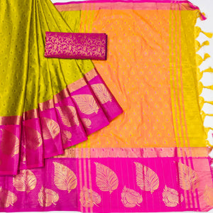 Lemon Green & Pink Woven Cotton Silk Saree With Tassels