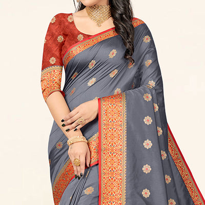 Grey Woven Art Silk Saree With Tassels
