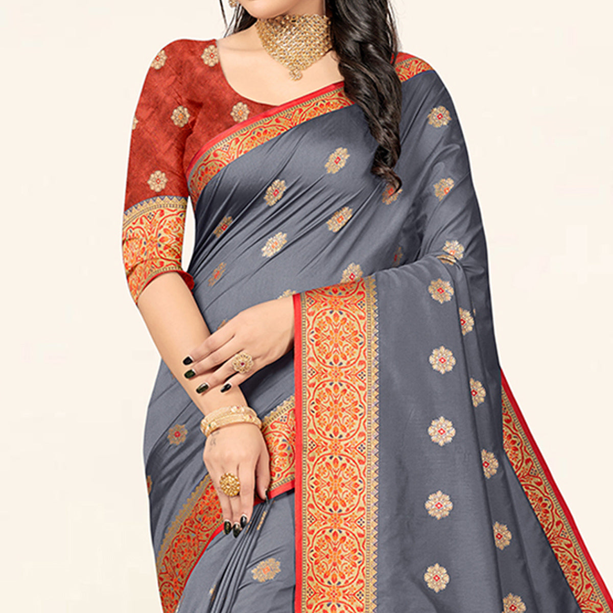 Grey Woven Art Silk Saree With Tassels
