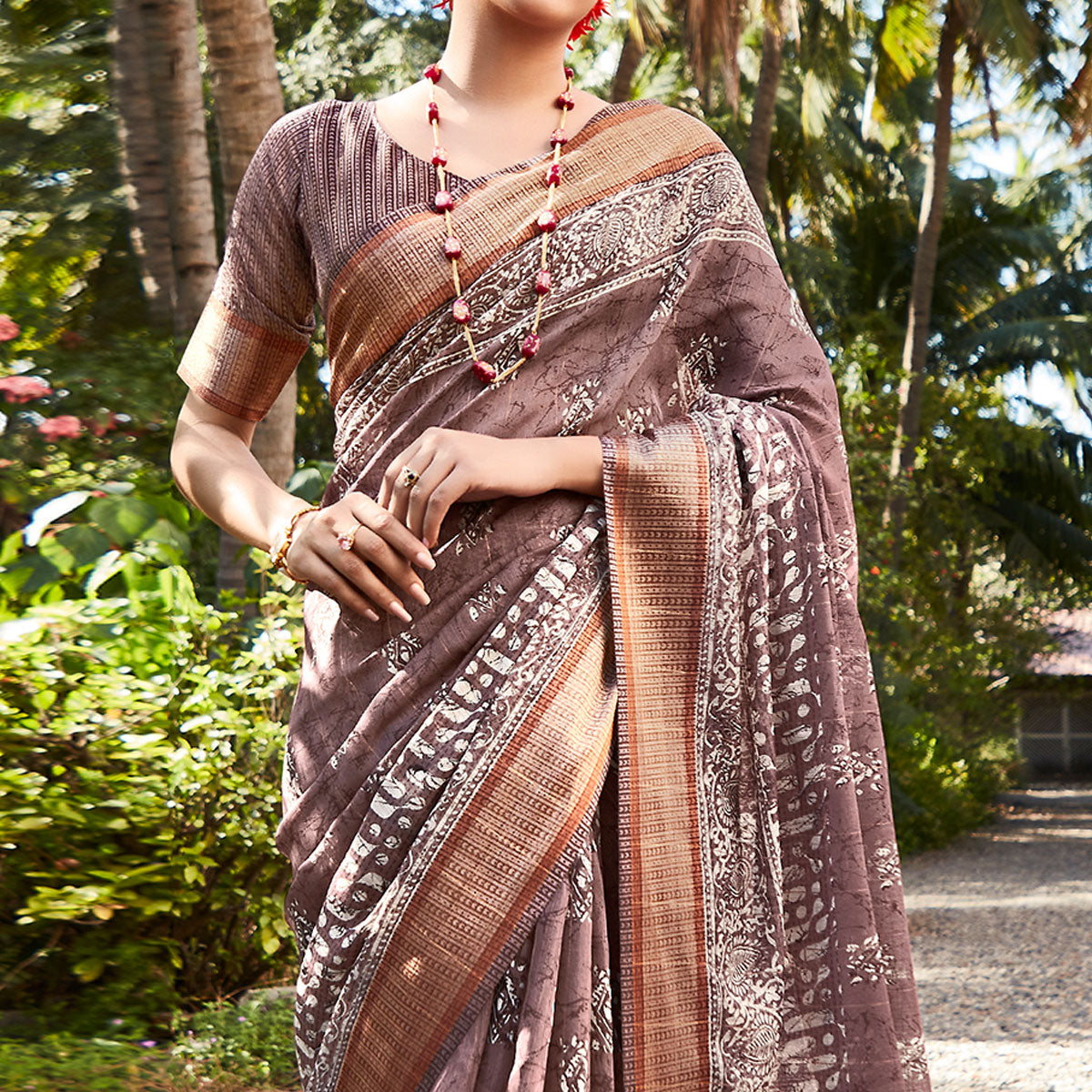 Brown Printed With Woven Border Cotton Saree