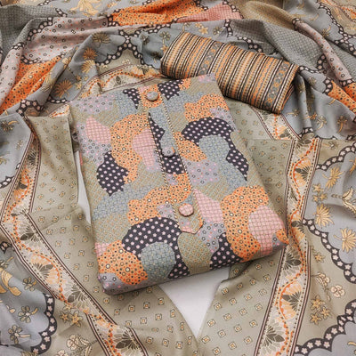 Grey Printed Cotton Blend Dress Material